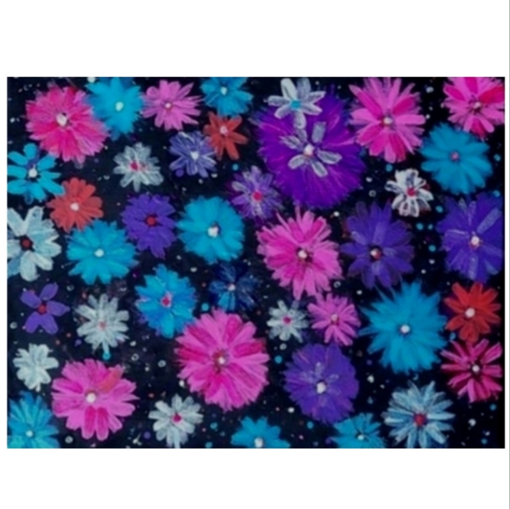 Hand Crafted Vibrant Floral Painting  Pink  Blue and Purple 11x14 Inches - Picture 3 of 4